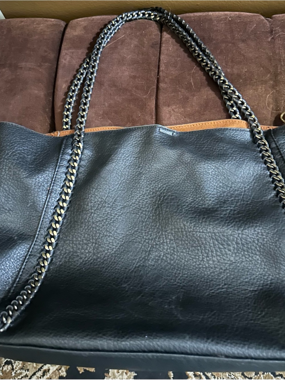 Black Leather Chain-Handle Tote Bag - Unbranded